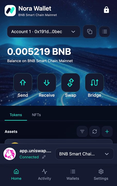 Nora Wallet application screen 1