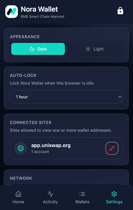 Nora Wallet application screen 10